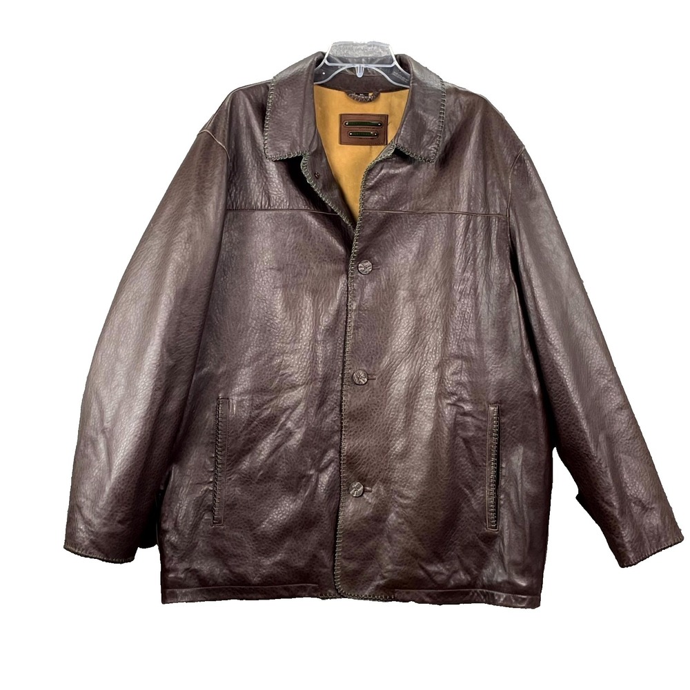 VTG Robert Comstock Vertical Leather Jacket Mens XL Brown Button Front Dadcore